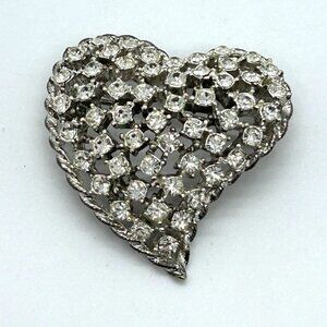 Silver-tone Rhinestone Heart Brooch Vintage Mid-Century Glamour Retro Gift